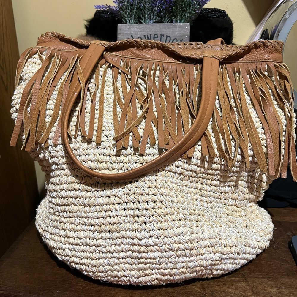 Cleobella Purse Palms Straw Leather Fringe Tote - Picture 2 of 5